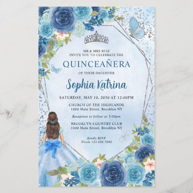 Papier Budget Dusty Blue Floral Grey Princess Quinceañera (Devant)