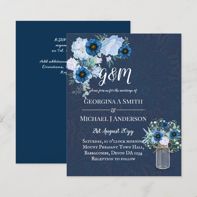 Papier BUDGET Dusty Blue Floral Mariage Invitation (Devant / Derrière)