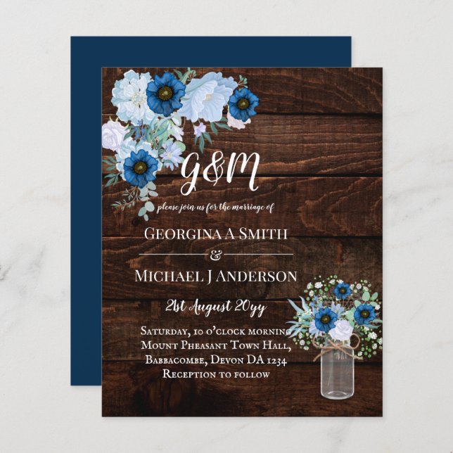 Papier BUDGET Dusty Blue Floral Mariage Invitation (Devant / Derrière)