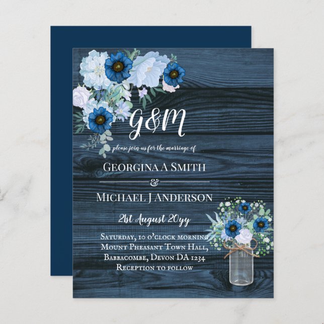 Papier BUDGET Dusty Blue Floral Mariage Invitation (Devant / Derrière)