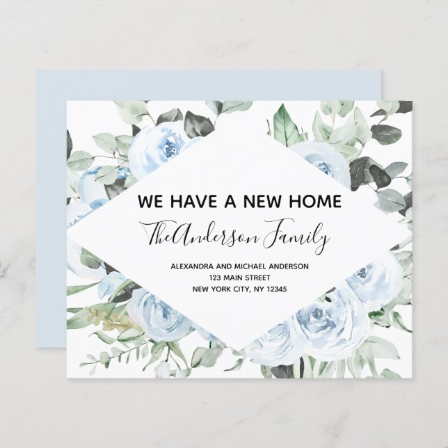 Papier Budget Dusty Blue Floral Moving Faire-part (Devant / Derrière)