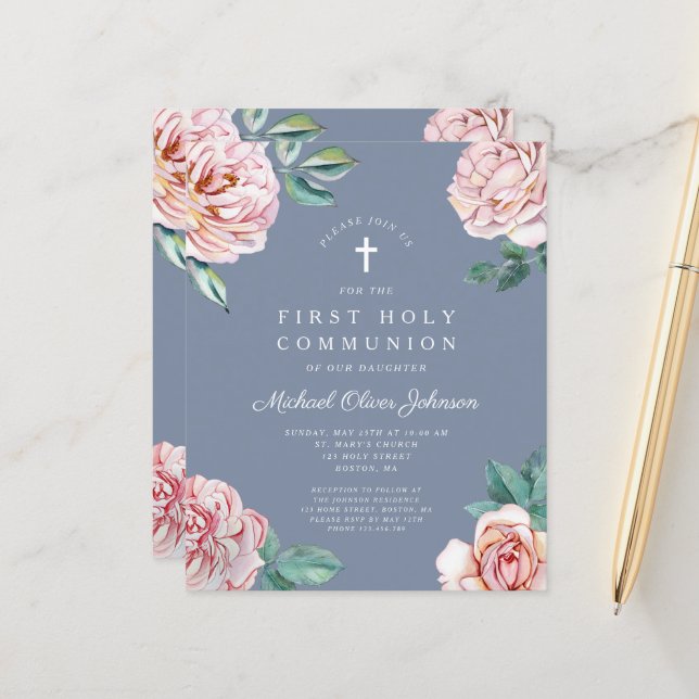 Papier Budget Dusty Blue Floral Peonies Première communio (Devant/Arrière en situation)