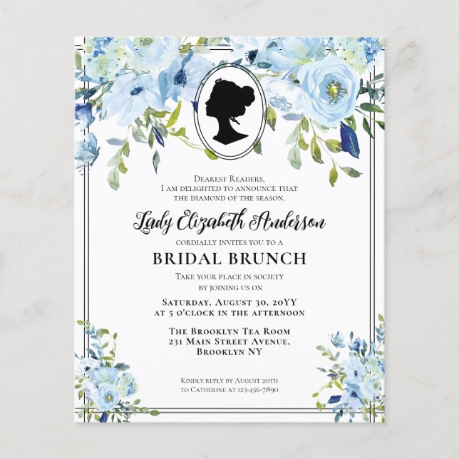 Papier Budget Dusty Blue Floral Regency Era Bridal Brunch (Devant)