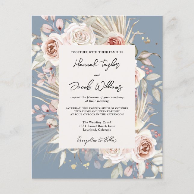 Papier Budget Dusty Blue Floral Rustic Faire-part de mari (Devant)