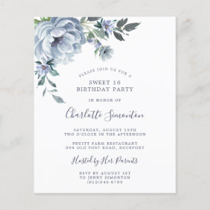 Papier Budget Dusty Blue Floral Sweet 16 Invitation