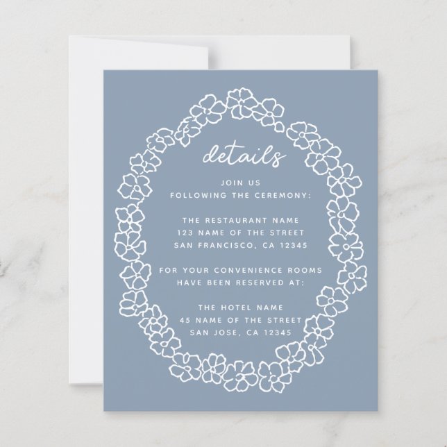 Papier Budget Dusty Blue Floral Wreath Détails du Mariage (Devant)