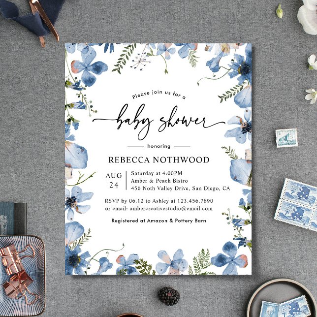Papier Budget Dusty Blue Florals Baby shower Invitation (Créateur téléchargé)