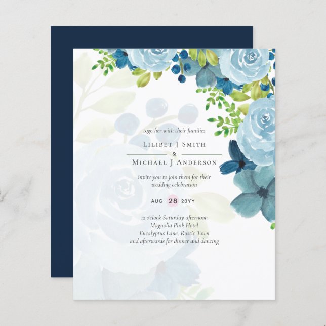 Papier Budget Dusty Blue Flowers Sage Mariage (Devant / Derrière)