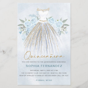 Papier Budget Dusty Blue Gold robe Quinceañera Invitation