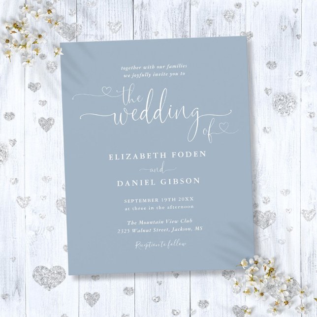 Papier Budget Dusty Blue Hearts Script Wedding Invite (Budget Dusty Blue Hearts Script Wedding Invite)