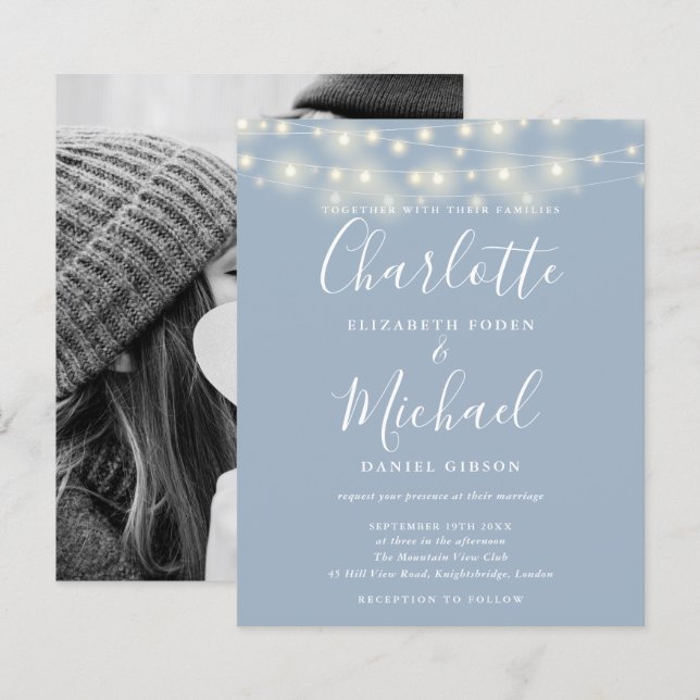 Papier Budget Dusty Blue Lights Faire-part de mariage pho (Devant / Derrière)