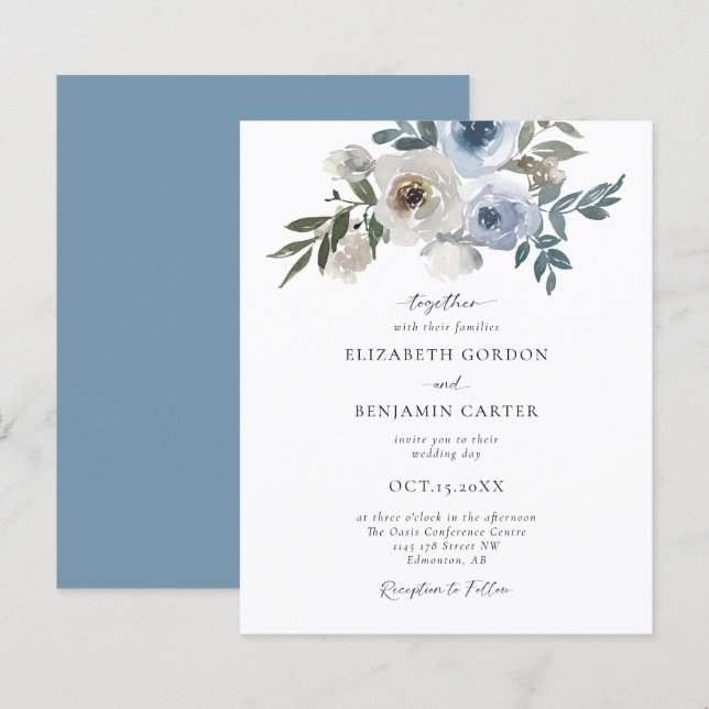 Papier Budget Dusty Blue Mariage Floral Élégant Script (Devant / Derrière)