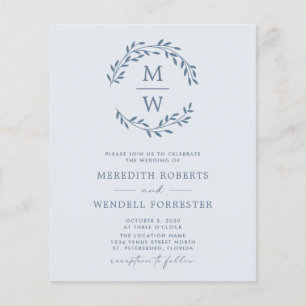 Papier Budget Dusty Blue Monogramme Wreath Wedding Invita