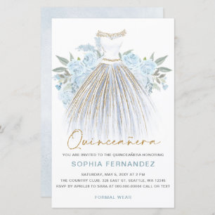 Papier Budget Dusty Blue or robe Quinceañera Invitation