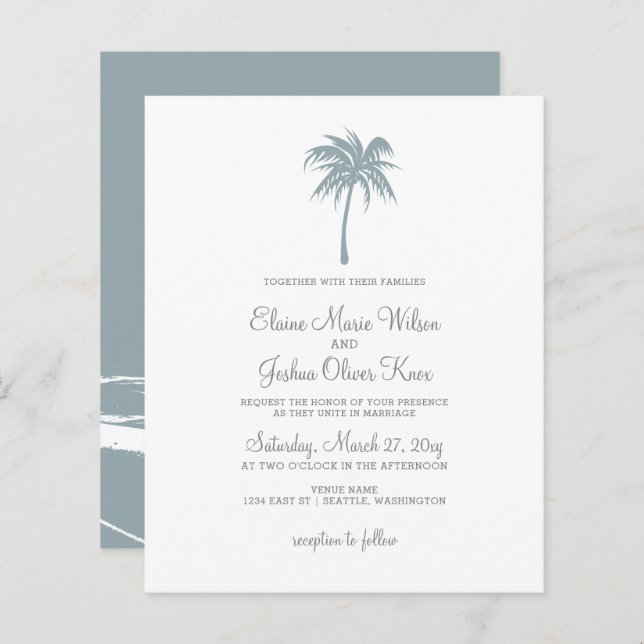 Papier Budget Dusty Blue Palm Tree Invitations de mariage (Devant / Derrière)