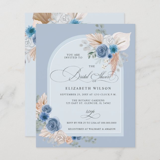 Papier Budget Dusty Blue Pampas Bridal Shower Invitation (Devant / Derrière)