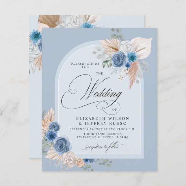 Papier Budget Dusty Blue Pampas Faire-part de mariage (Devant / Derrière)