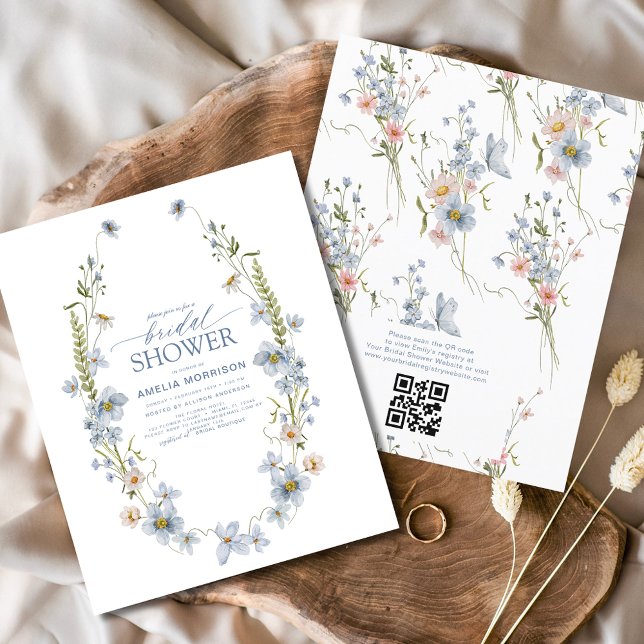 Papier Budget Dusty Blue QR Code Bridal Shower Invitation (Créateur téléchargé)