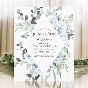 Papier Budget Dusty Blue Quinceañera Floral Invitation