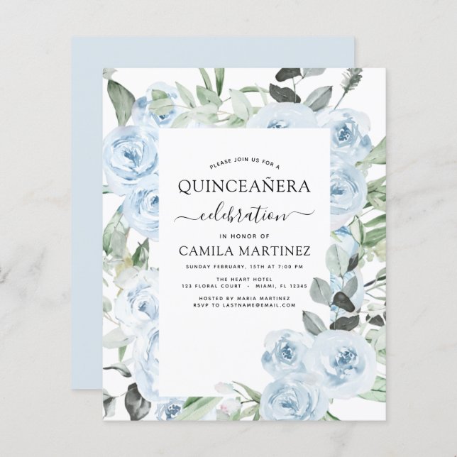 Papier Budget Dusty Blue Quinceañera Floral Invitation (Devant / Derrière)