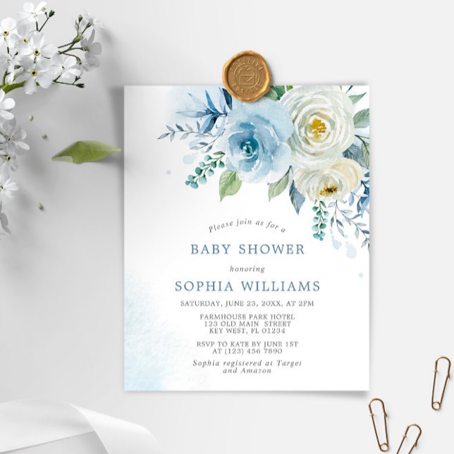 Papier Budget Dusty Blue Rose Baby shower Invitation (Créateur téléchargé)