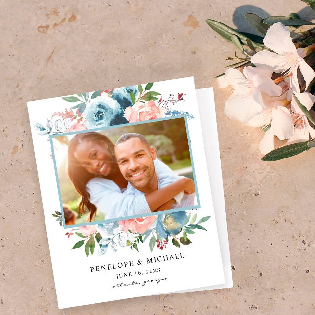 Papier Budget Dusty Blue Rose Floral Enregistrer la date (Créateur téléchargé)