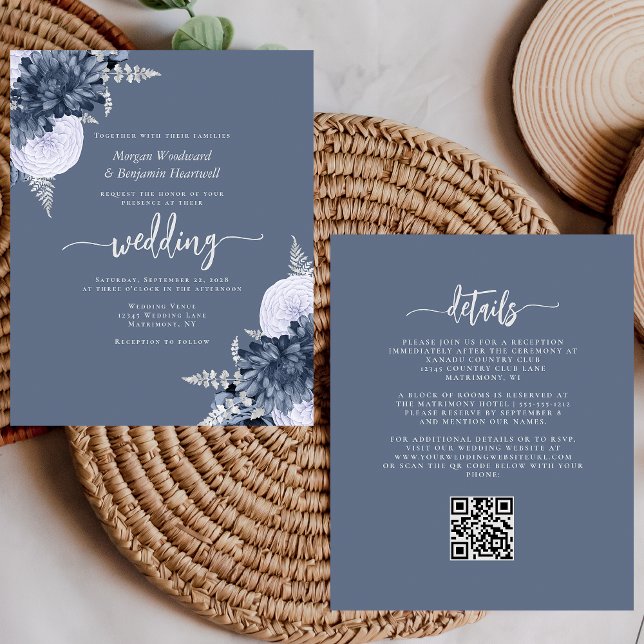 Papier Budget Dusty Blue Silver Floral QR Code Wedding (Créateur téléchargé)