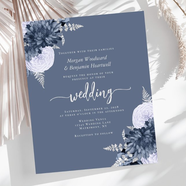 Papier Budget Dusty Blue Silver Floral Wedding Invite (Créateur téléchargé)