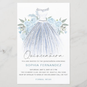 Papier Budget Dusty Blue Silver Robe Quinceañera Invitati