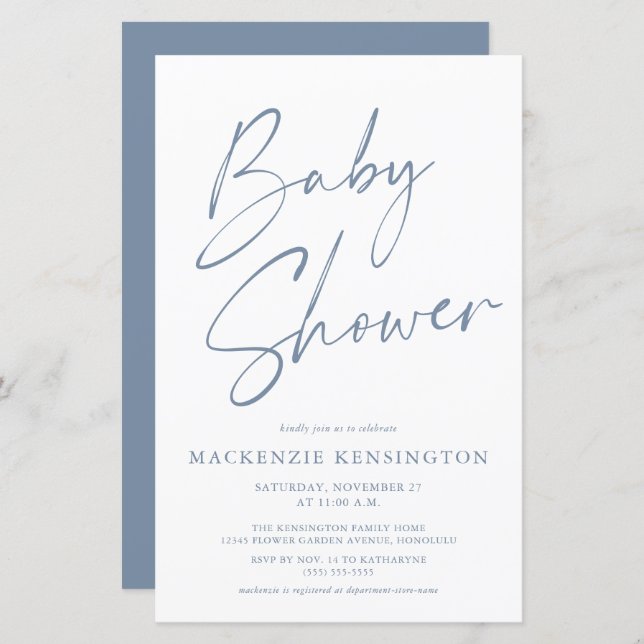 Papier Budget Dusty Blue Simple Script Baby shower (Devant / Derrière)