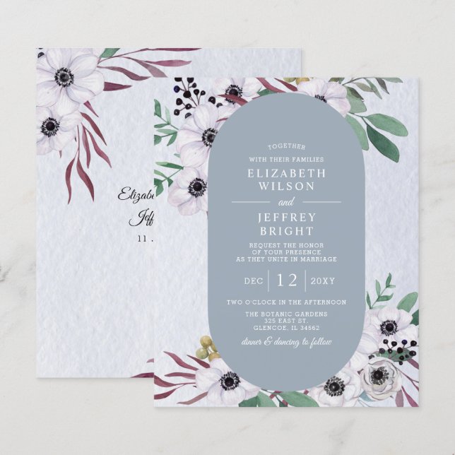 Papier Budget Dusty Blue White Floral Faire-part de maria (Devant / Derrière)