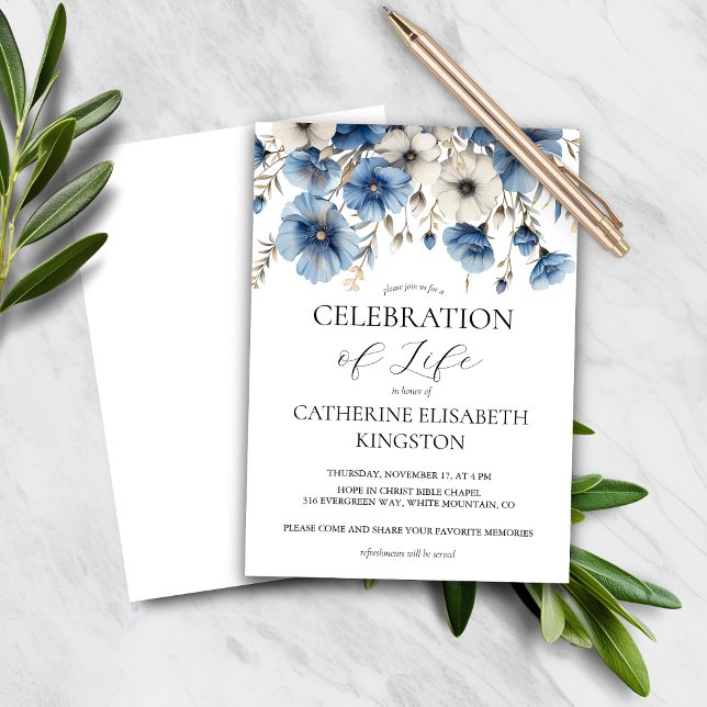 Papier Budget Dusty Blue White Floral Memorial Invitation (Créateur téléchargé)