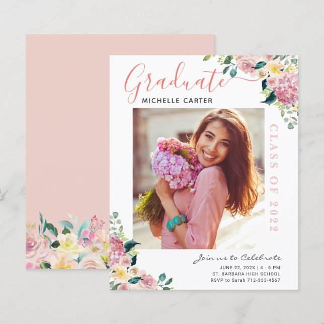Papier Budget Dusty Floral Photo Graduation Faire-part (Devant / Derrière)