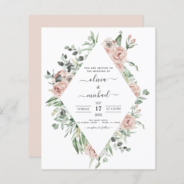 Papier Budget Dusty Pink Eucalyptus Faire-part de mariage (Devant / Derrière)