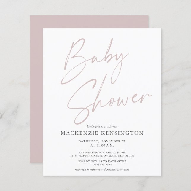 Papier Budget Dusty Pink Script Baby Girl Douche Invitati (Devant / Derrière)