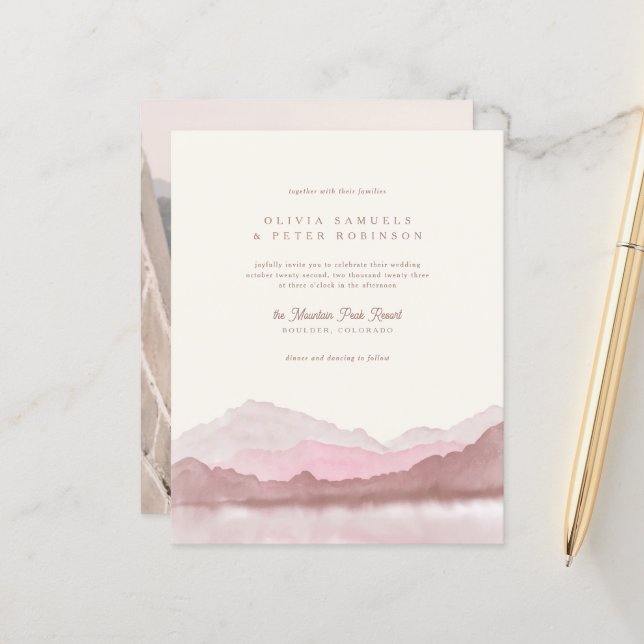 Papier Budget Dusty Rose Boho Mountain Photo Mariage (Devant/Arrière en situation)
