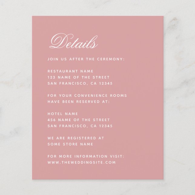 Papier Budget Dusty Rose Détails Mariage Simple Pink Card (Devant)
