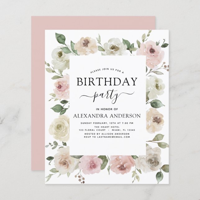Papier Budget Dusty rose fête d'anniversaire Floral (Devant / Derrière)