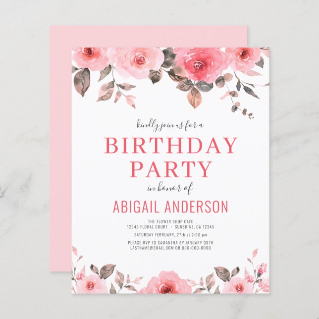 Papier Budget Dusty rose Floral Anniversaire Invitation (Devant / Derrière)