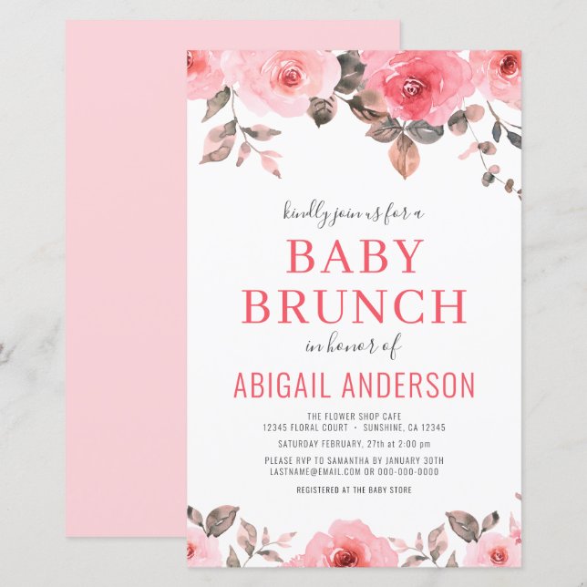 Papier Budget Dusty rose Floral Baby Brunch Invitation (Devant / Derrière)