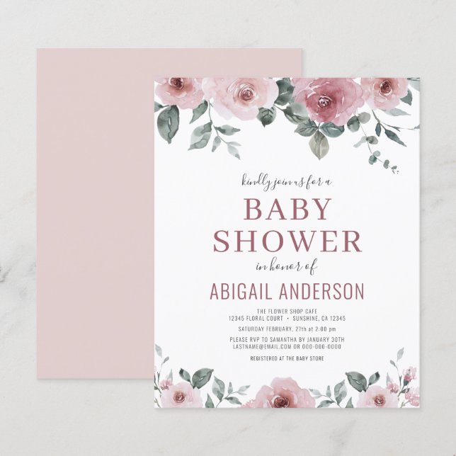 Papier Budget Dusty Rose Floral Baby shower Invitation (Devant / Derrière)