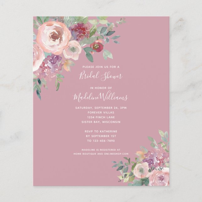 Papier BUDGET Dusty Rose Floral Douche nuptiale Invitatio (Devant)