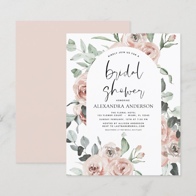 Papier Budget Dusty rose Floral Invitation à la douche nu (Devant / Derrière)