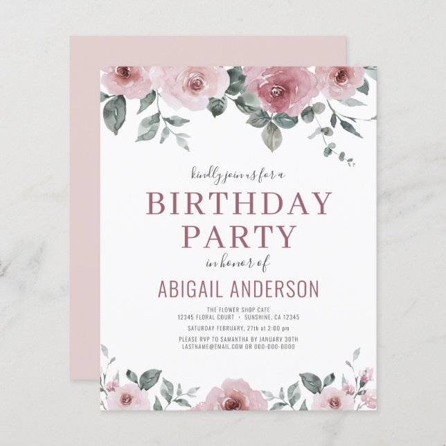 Papier Budget Dusty Rose Floral Invitation fête d'anniver (Devant / Derrière)