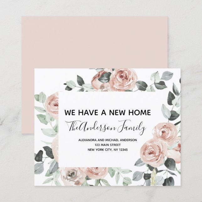 Papier Budget Dusty Rose Floral Moving Faire-part (Devant / Derrière)