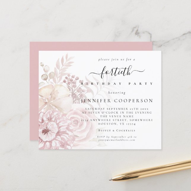 Papier Budget Dusty Rose Florals Female 40ème Invitation  (Devant/Arrière en situation)