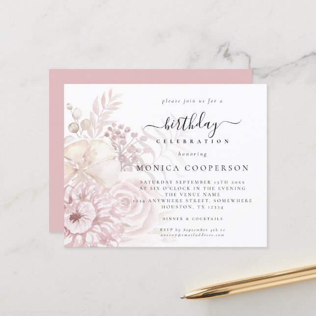 Papier Budget Dusty Rose Florals Femme Invitation d'anniv (Devant/Arrière en situation)