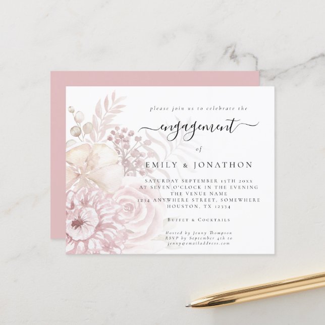 Papier Budget Dusty Rose Florals Invitation Fiançailles (Devant/Arrière en situation)
