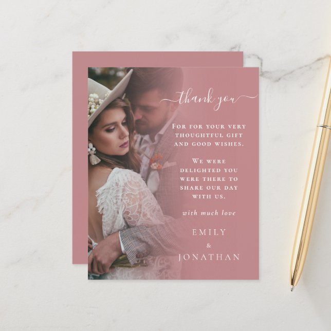 Papier BUDGET Dusty Rose Photo Mariage Merci (Devant/Arrière en situation)