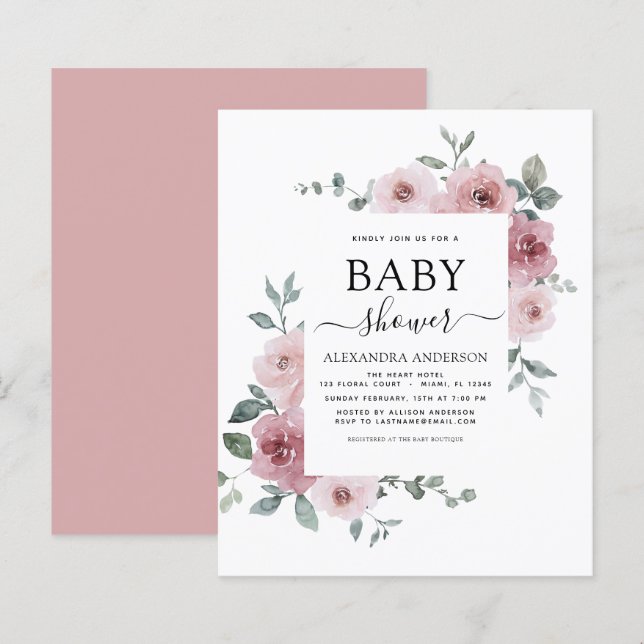 Papier Budget Dusty Rose rose Baby shower Floral (Devant / Derrière)